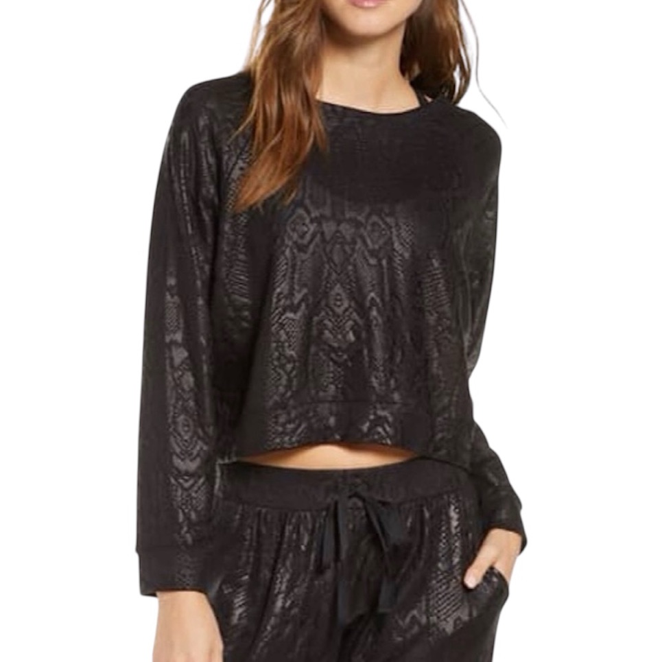 Terez Black Foil Snake Print Cropped Sweatshirt Size Xs Nwot